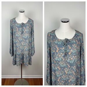 Melrose And Market Gray Blue Orange Floral Long Sleeve Boho Dress Women Medium